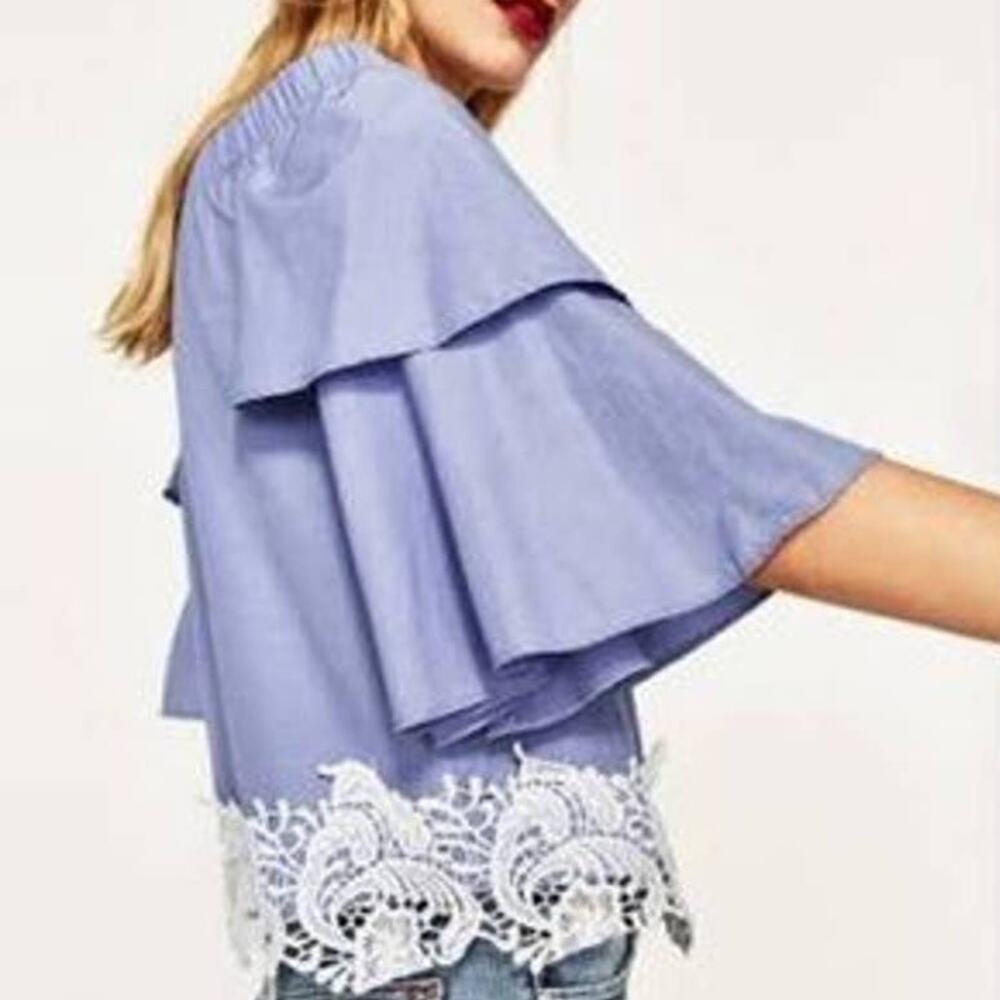 Zara Blue Poplin Tiered Bell Sleeve Crochet Lace Off Shoulder Blouse Top XS